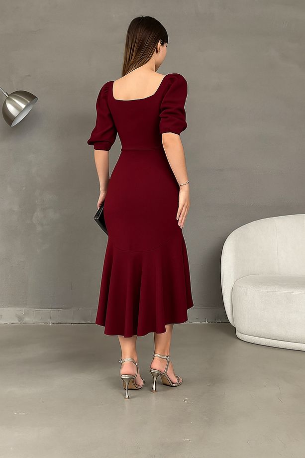 Bordo Krep Kumaş Kare Yaka Balon Kol Balık Model Midi Boy Elbise - 2