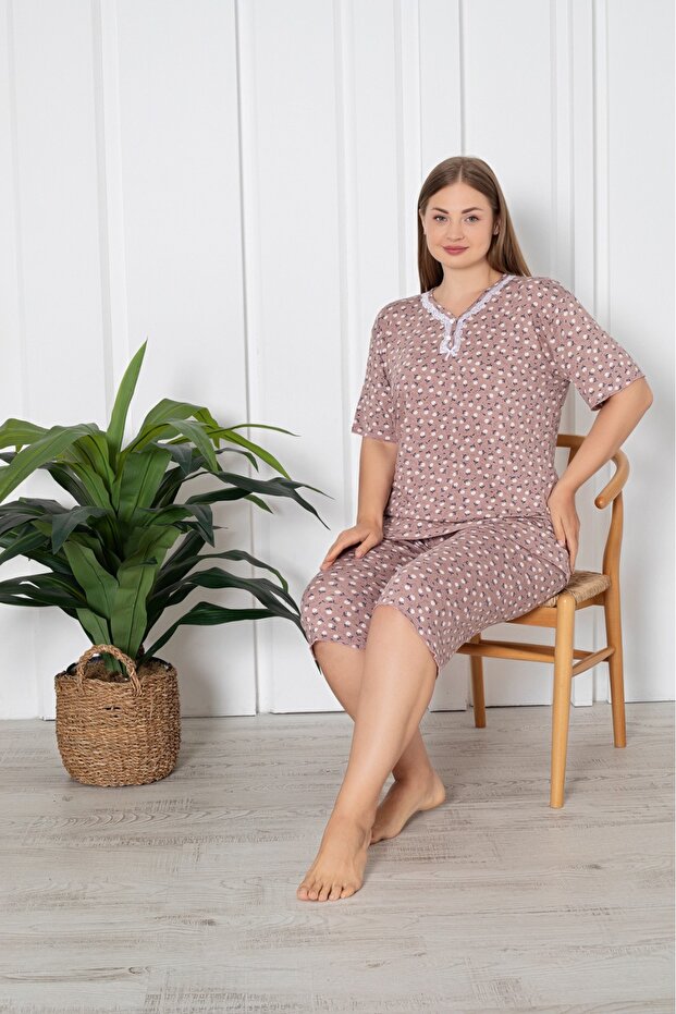 طقم بيجامة كابري من القطن الممشط من الليكرا مقاس كبير - 1