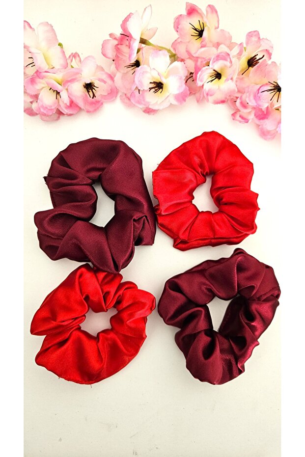 Elastic Bagel Red and Burgundy Satin 4-Piece Scrunchie Hair Scrunchie Set for Henna and Engagement Wedding