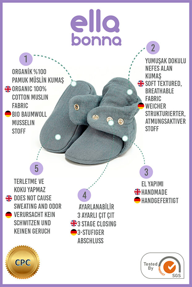 Papuci pentru bebeluși din muselină din bumbac organic, pantof nou-născut, gri închis - 3