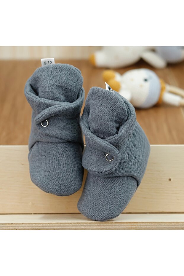 Papuci pentru bebeluși din muselină din bumbac organic, pantof nou-născut, gri închis - 7