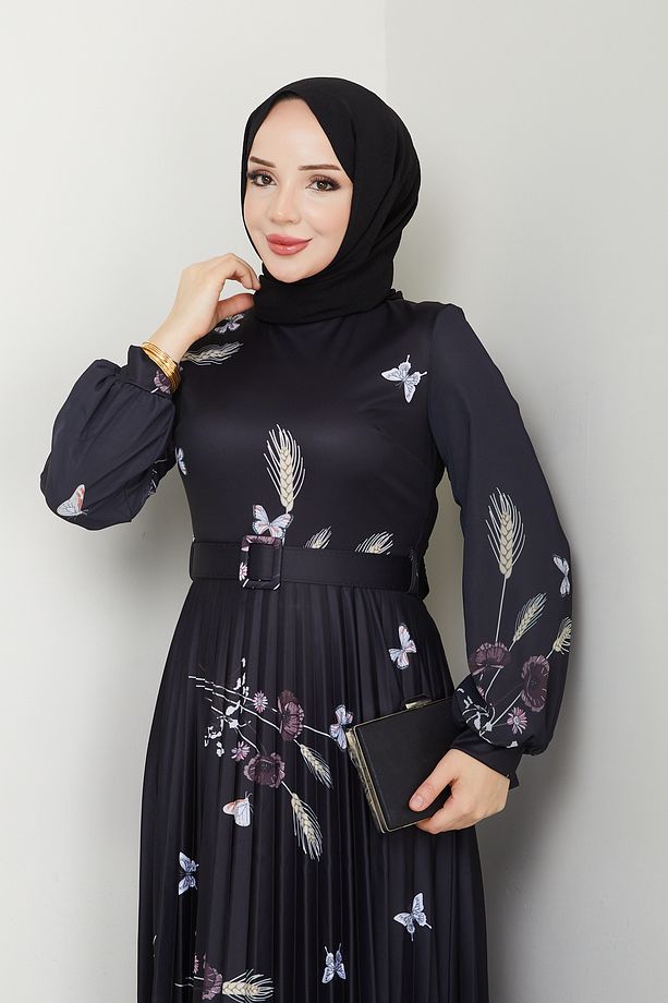 Kadın Baskılı Pliseli Buğday Desenli Kemerli Elbise - 6