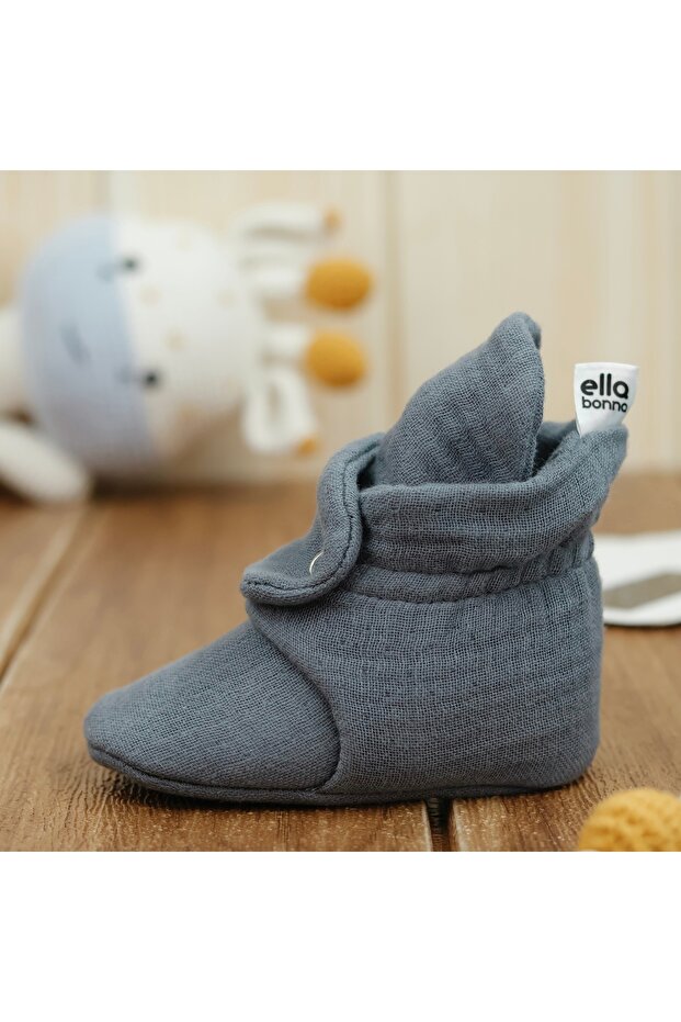 Papuci pentru bebeluși din muselină din bumbac organic, pantof nou-născut, gri închis - 6