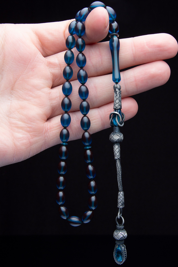 Certified Silver Kazaz Tassel Blue Fire Amber Prayer Beads