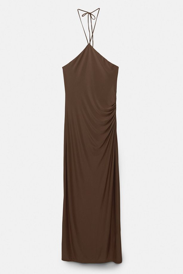 Drapeli halter yaka midi elbise - 6