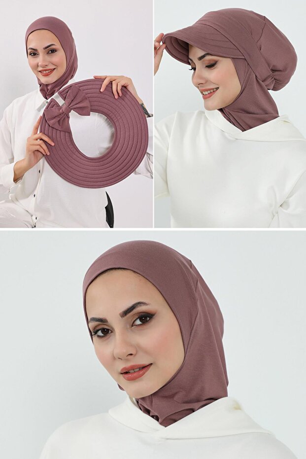 3-Piece Set of Hijab, Visor, and Hat, Hijab, St-1P, Dusty Rose