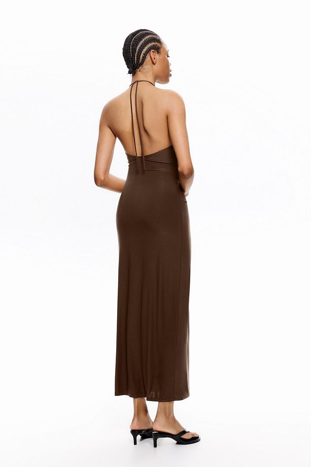 Drapeli halter yaka midi elbise - 4