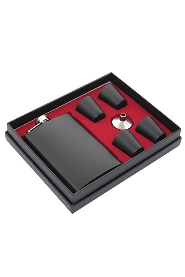 Black Steel Flask Gift Set Drink Bottle in Special Box with 4 Shot Glasses