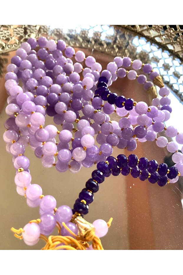 Kunzite Stone & Amethyst 108 Knotted Mala Necklace and Bracelet Set Heart Chakra