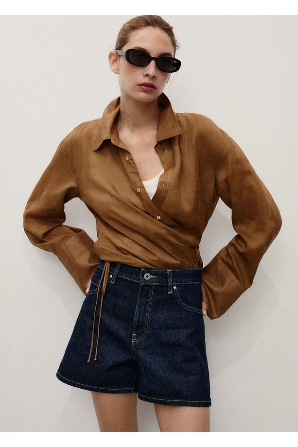 Yüksek bel düz kesim denim şort - 1