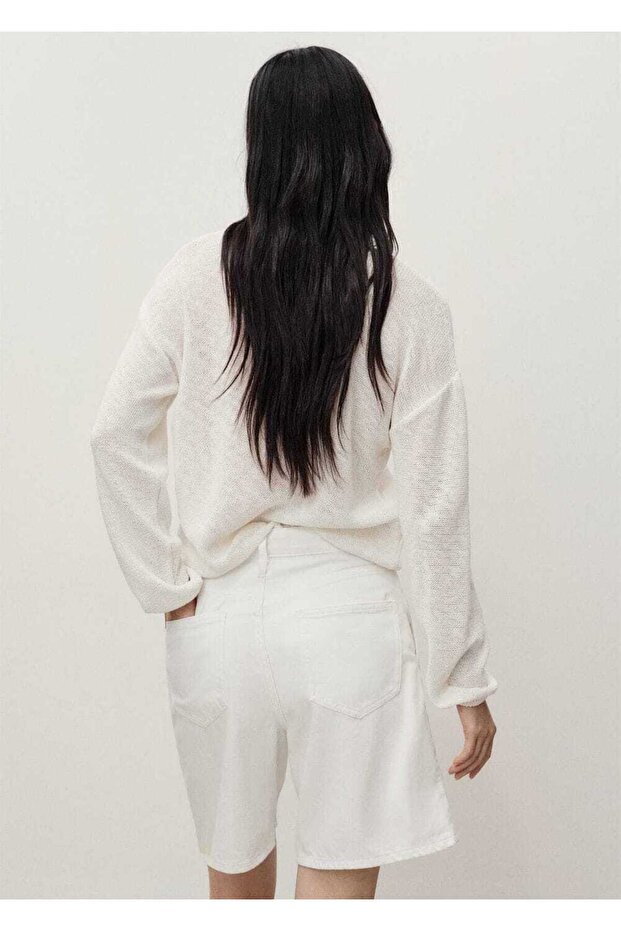 Orta bel pileli denim bermuda şort - 4