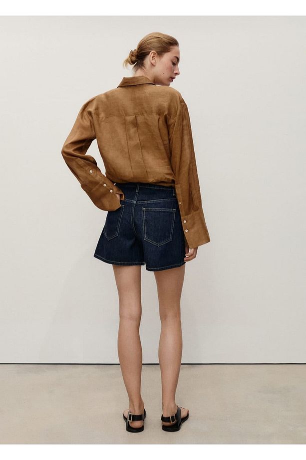 Yüksek bel düz kesim denim şort - 4