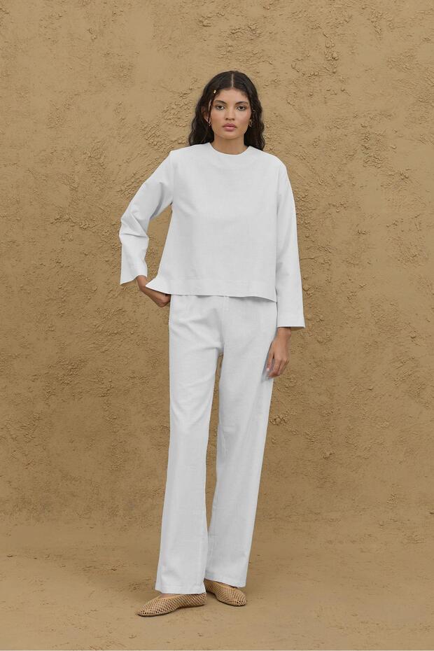 Uzun Kollu Basic Keten Üst Ekru - 2