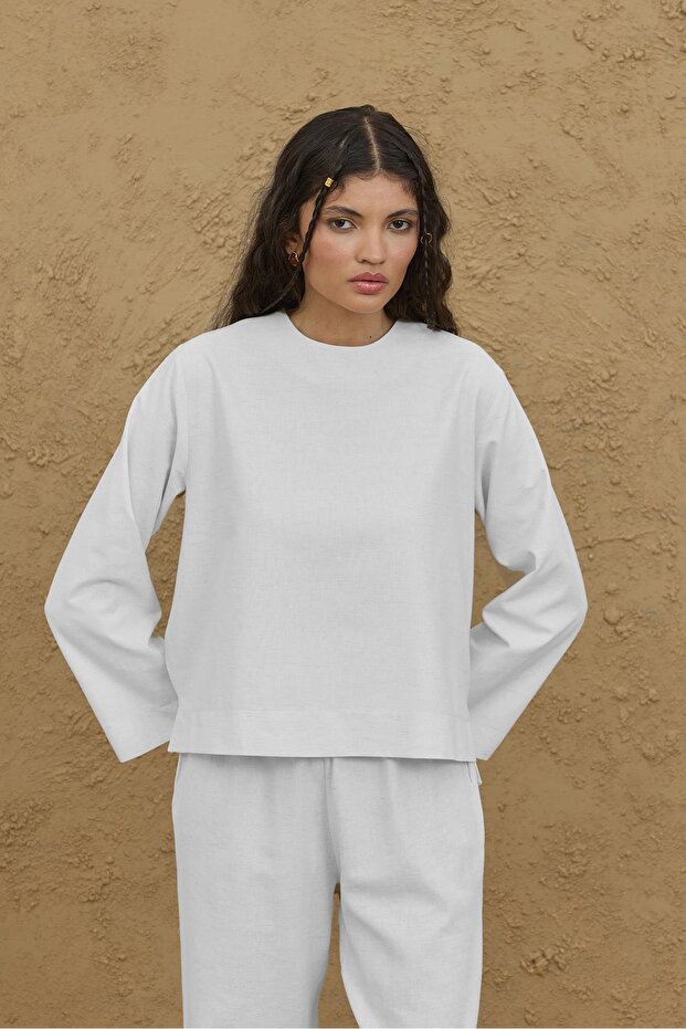 Uzun Kollu Basic Keten Üst Ekru - 1