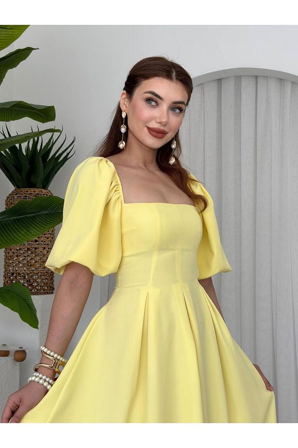 Sarı Balon Kol Piliseli Midi Elbise - 7