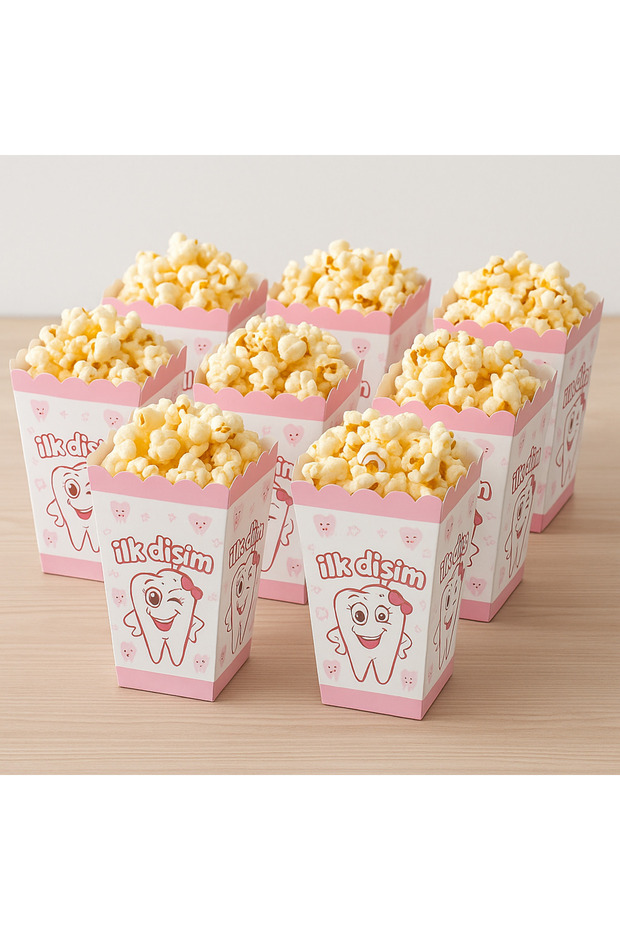 My First Tooth Pink Themed Popcorn Box 8 Pieces | Baby Girl Tooth Wheat Party