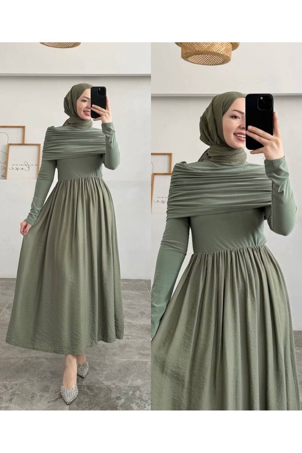 Women's Madonna Collar Wide Skirt Gather Detailed Equivalent Dress