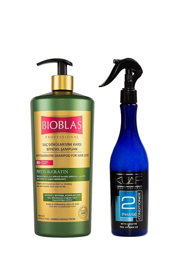 Saç Dökülmesine Karşı Bitkisel Şampuan 1000ml + Mavi Keratinli Fön Suyu Sıvı Saç Kremi 400 ml - 1