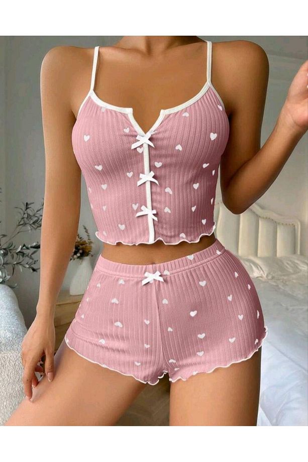 Pembe Kalpli Askılı Şortlu Pijama Takımı - 3