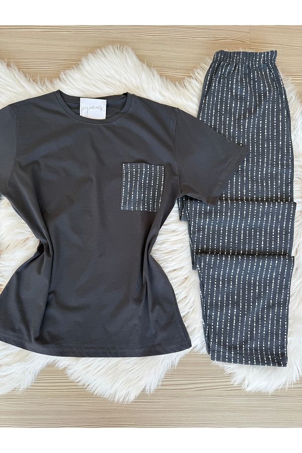 Antrasit Puantiye Desenli Cep Detaylı Pamuklu Kısa Kollu Erkek Pijama Takımı - 6