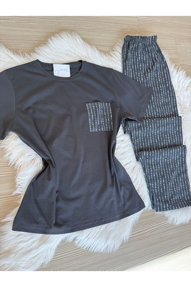Antrasit Puantiye Desenli Cep Detaylı Pamuklu Kısa Kollu Erkek Pijama Takımı - 4