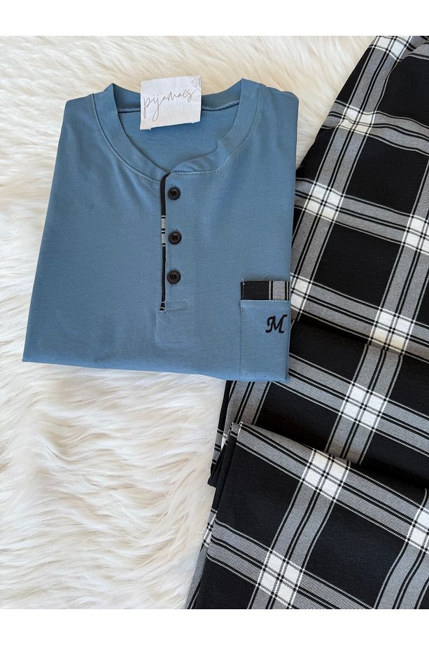 Mavi Ekose Desenli Cep Detaylı Pamuklu Kısa Kollu Erkek Pijama Takımı - 5