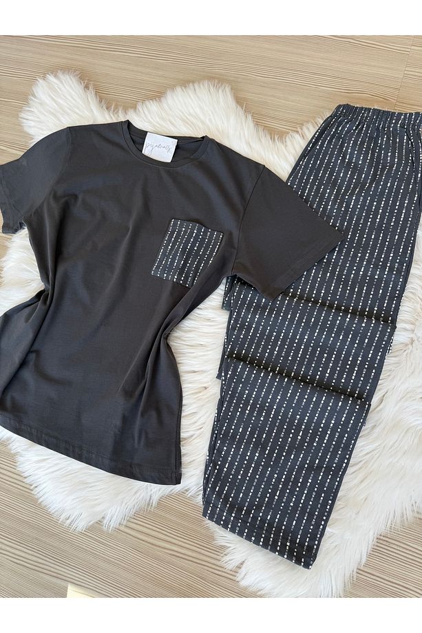 Antrasit Puantiye Desenli Cep Detaylı Pamuklu Kısa Kollu Erkek Pijama Takımı - 5