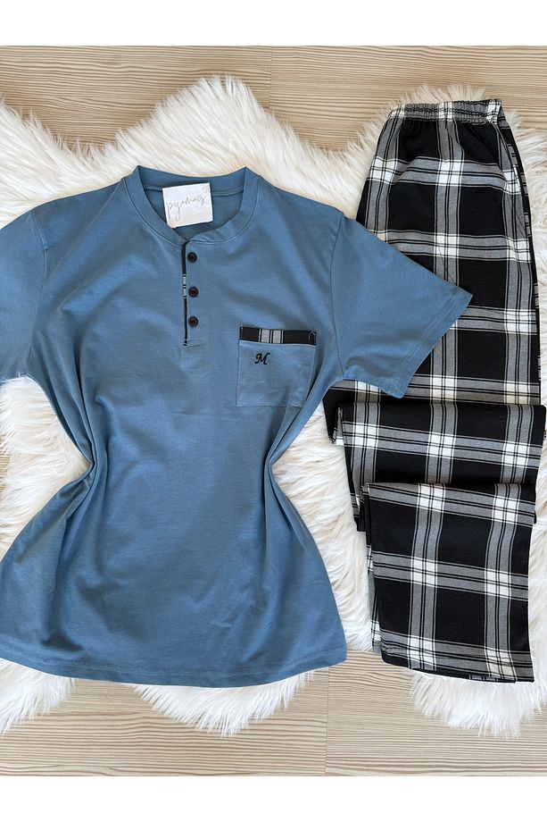 Mavi Ekose Desenli Cep Detaylı Pamuklu Kısa Kollu Erkek Pijama Takımı - 8