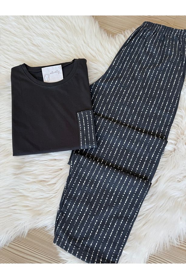 Antrasit Puantiye Desenli Cep Detaylı Pamuklu Kısa Kollu Erkek Pijama Takımı - 3