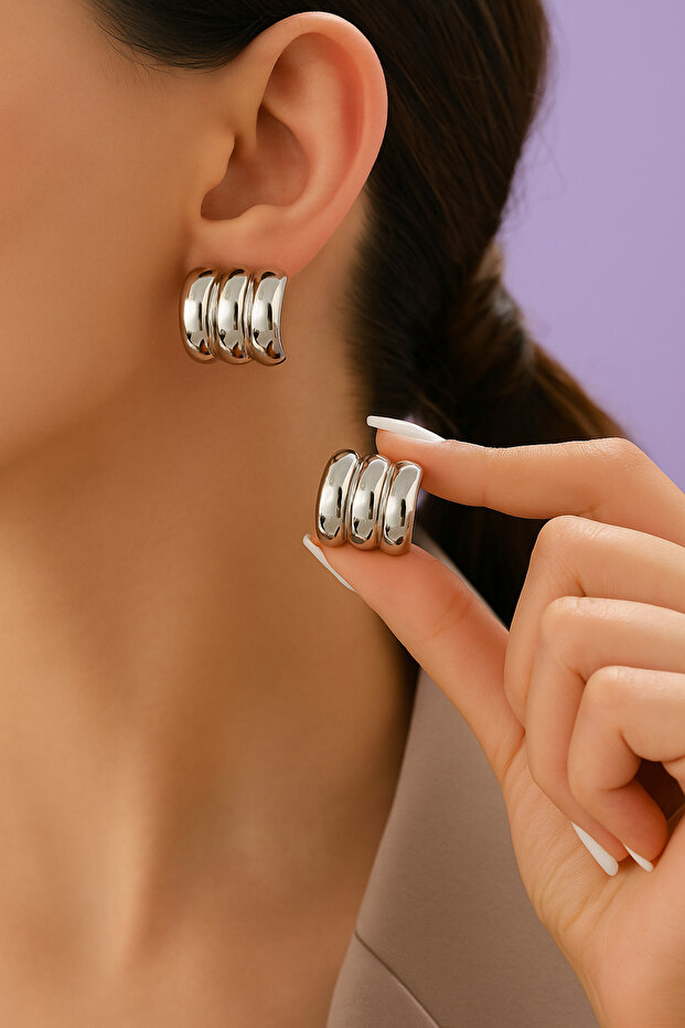 Women's Premium 3 Row Steel Convex Earrings Kp22