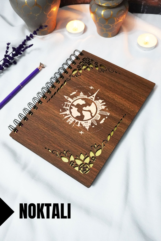 World Wooden Cover Spiral School Notebook - Dotted Notebook - 60 Sheets (120 Pages) - A5 15X21 cm