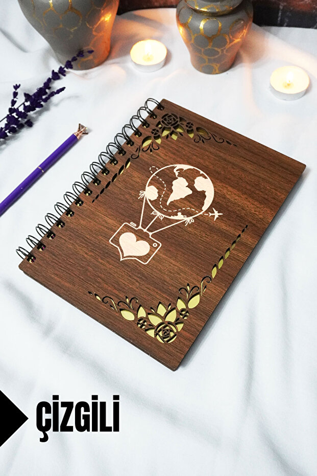 Flying Balloon Wooden Cover Spiral Notebook - Lined Notebook - 60 Sheets (120 Pages) - A5 15X21 cm