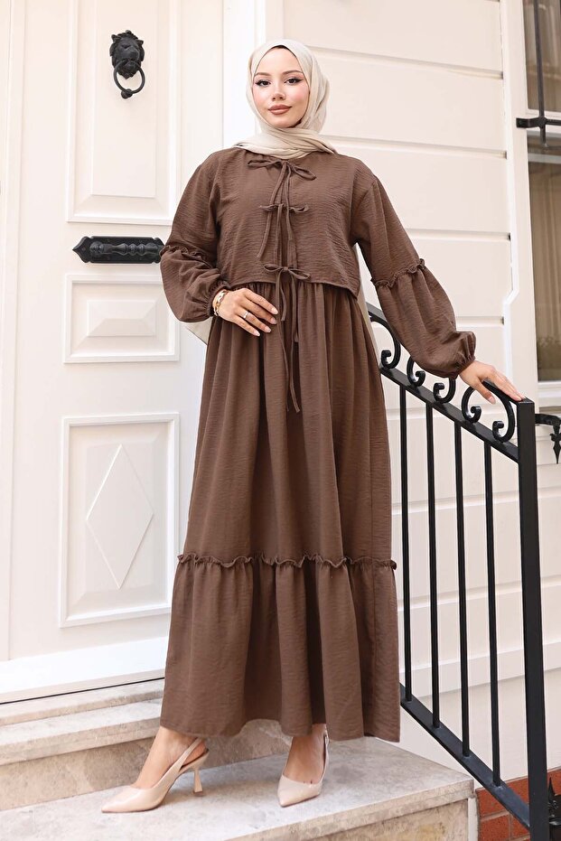 Bow Detailed Dress Set Brown 2271