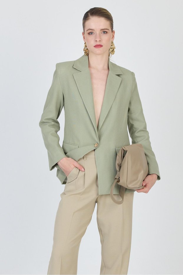 Olive Green Linen Look 100% Cotton Lined Blazer Jacket 6023-3