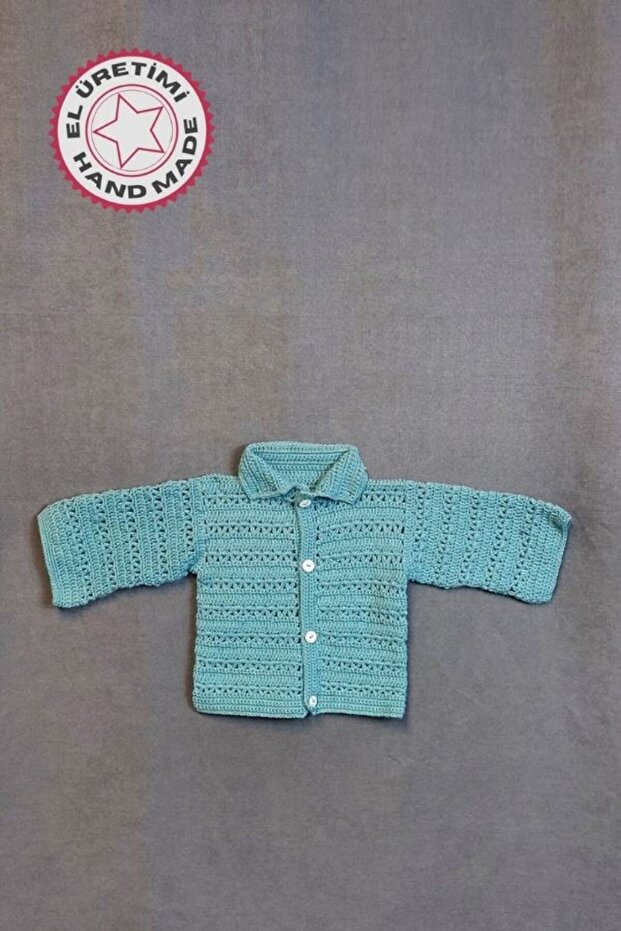 - Talia 8659 0480 Hand Knitted Cotton Thread Boy Green Cardigan - 6 / 9 Months