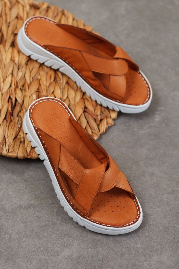 Women's Genuine Leather Cross Belted Orthopedic Slippers