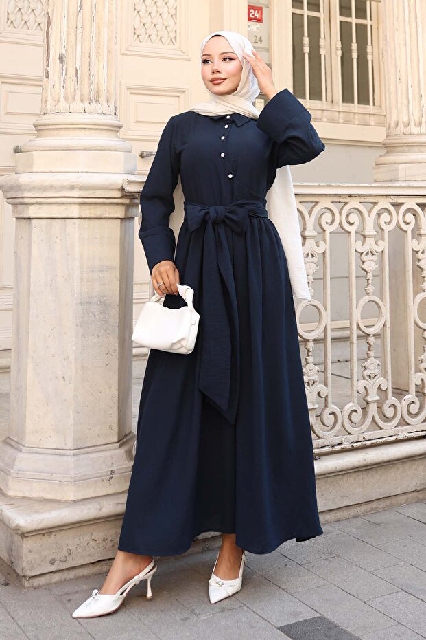 Tie Waist Hijab Dress Navy Blue 2304