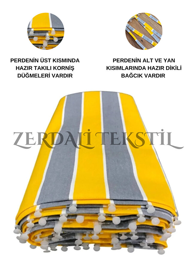 Lüks 1.Sınıf 1.Kalite Sarı-Gri EnxBoy Bağcıklı Balkon Perdesi - 2