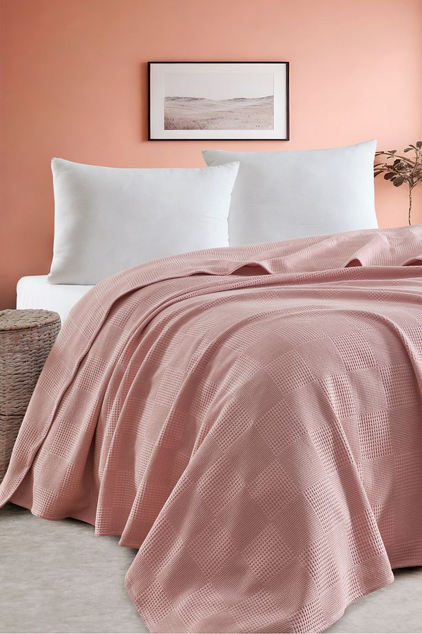 Tek Kişilik %100 Pamuk Pike Örtü 160x230 cm – Karo Desenli Pudra – Weave Serisi - 4