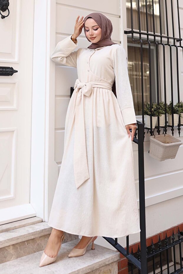 Tie Waist Hijab Dress Stone Color 2304