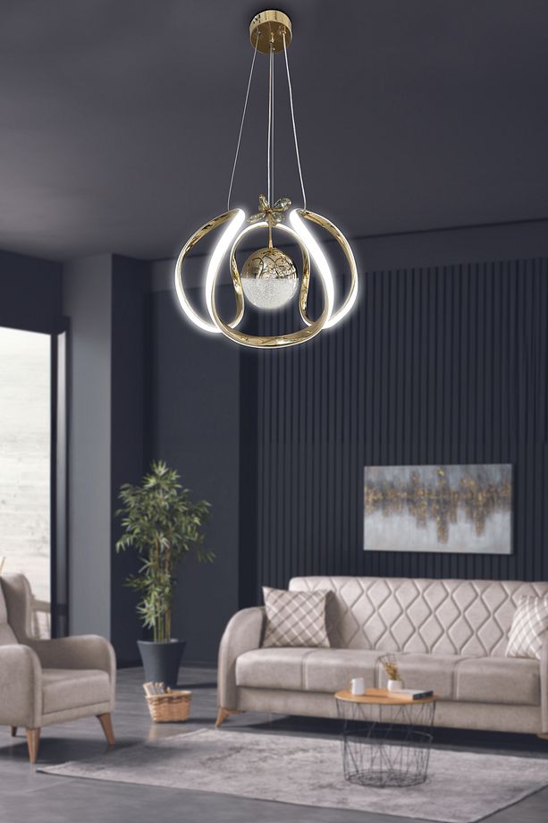 Arya Tek Toplu Led Avize 2 mt - Salon & Oturma Odası Avizesi Kumandalı Gold - 4