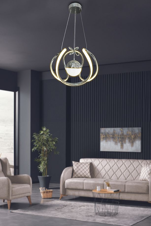 Arya Tek Toplu Led Avize 2 mt - Salon & Oturma Odası Avizesi Kumandalı Krom - 3