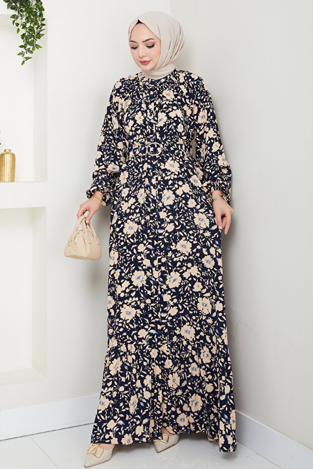 Shadow Flower Pattern Navy Blue Viscose Dress