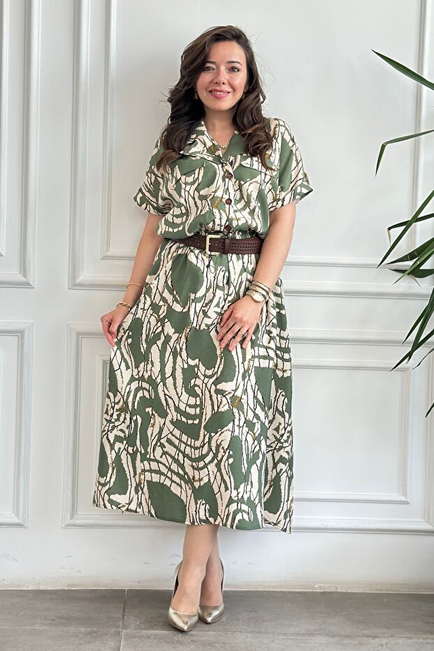 Plus Size Self Belt Shirt Collar Print Dress