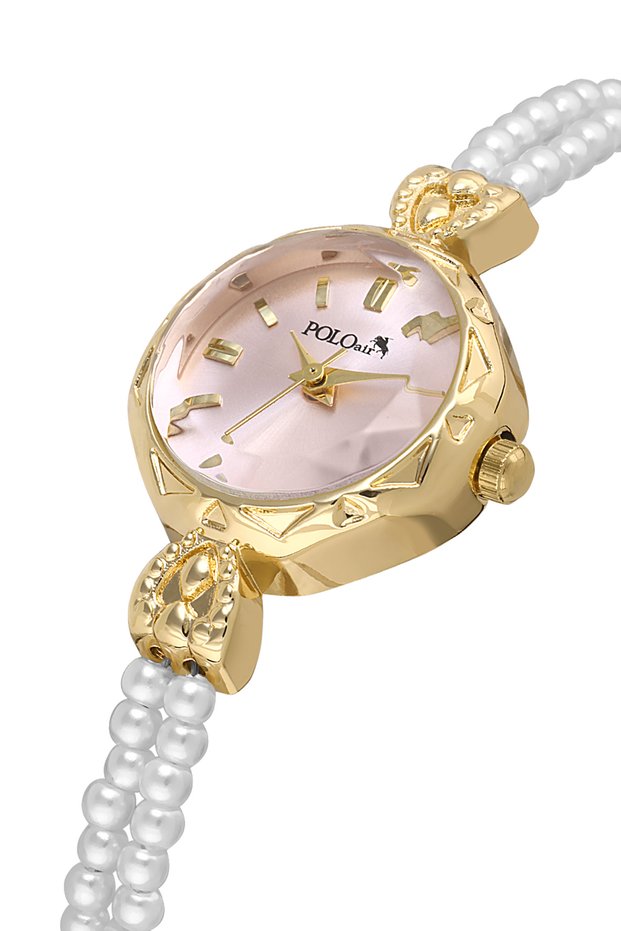 Two Pearl Stone Look Cord Women's Wrist Watch White Gold Pink Color Pl-1531B6X