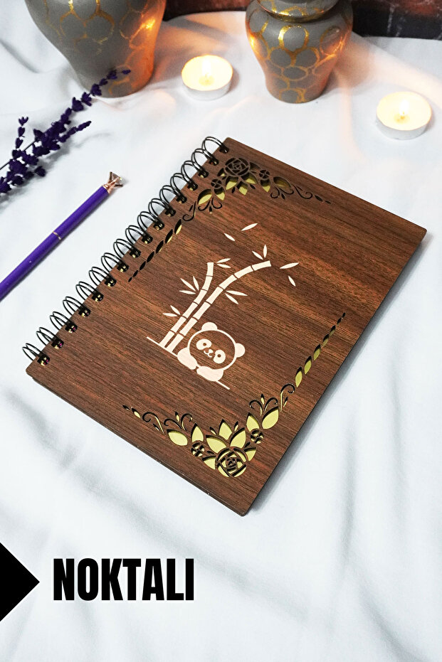 Panda Wooden Cover Spiral School Notebook - Dotted Notebook - 60 Sheets (120 Pages) - A5 15X21 cm