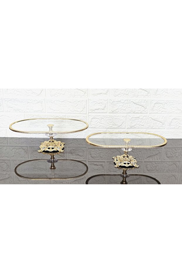 Set of 2 Glass Oval Small and Large Boat Presentation with Cast Gold Frame and Legs