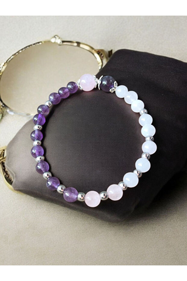 Certified Amethyst Pink Quartz Hematite 6-8 mm Natural Stone Bracelet