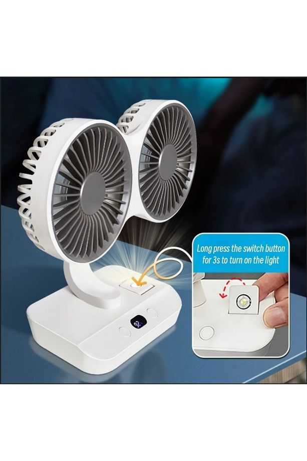 MASAÜSTÜ OTOMATİK SALINIMLI VANTİLATÖR ŞARJLI LED IŞIKLI 360 DERECE AYARLANABİLİR ASKILI FAN - 1