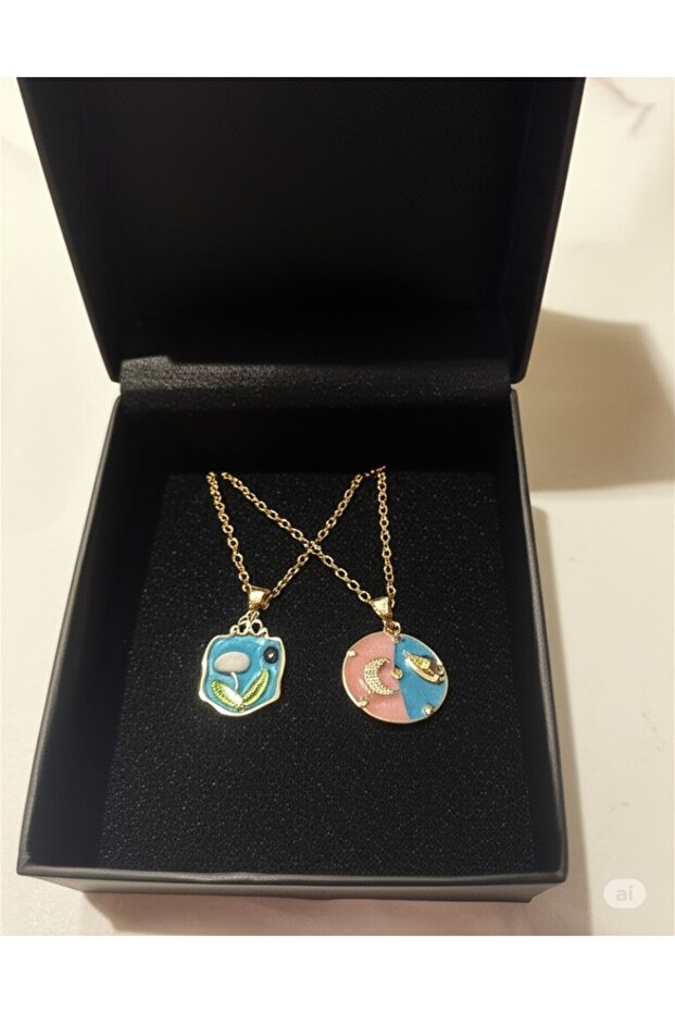 2 Moon & Planet & Flower Design Necklace